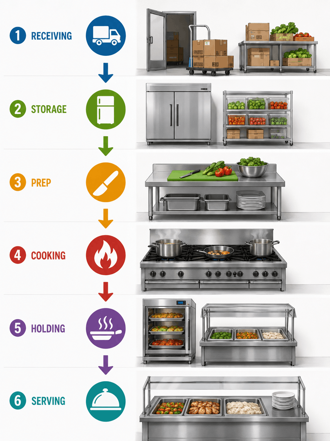 Kitchen workflow chart and color-coded food safety hazard review